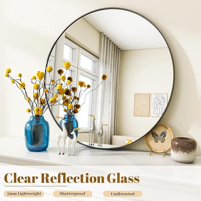 Black Round Bathroom Mirror, 30 inch Circle Wall Mounted Hanging Mirror - Image 4