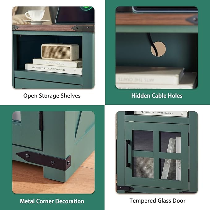 Farmhouse Nightstand with Charging Station, Rustic End Table with Tempered - Image 7