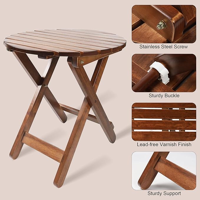 Outdoor Patio Side Table Set of 2 Small Folding Wood Round End Table Coffee - Image 5