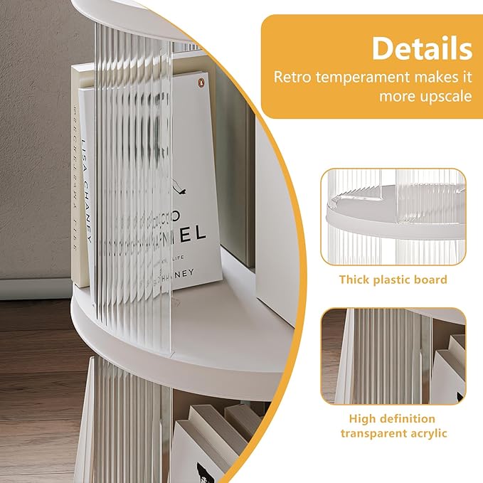 Rotating Bookshelf, 360°Display Spinning Bookshelf, 2 Tiers Moveable White - Image 4