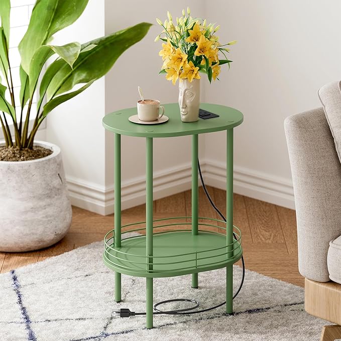 Small Round Side Table with Charging Station, Bedside Table with 2 USB Ports by DGSANDGPuttheCustomerFirst