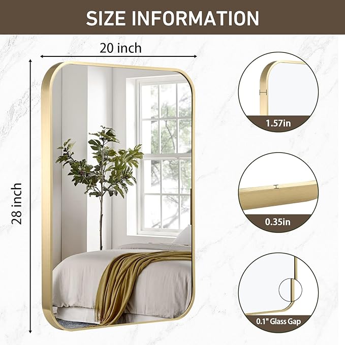 Gold Bathroom Mirror, 20x28 Inch Brushed Gold Mirror, Aluminum Alloy Framed - Image 5