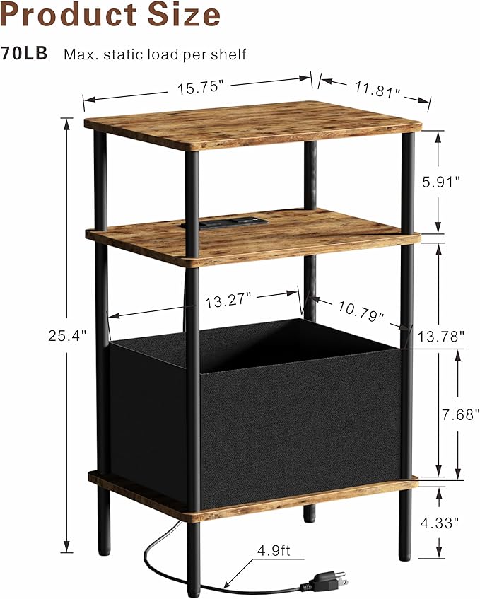 Small Side Table with Charging Station, Slim Nightstand with Outlet, Sofa - Image 3