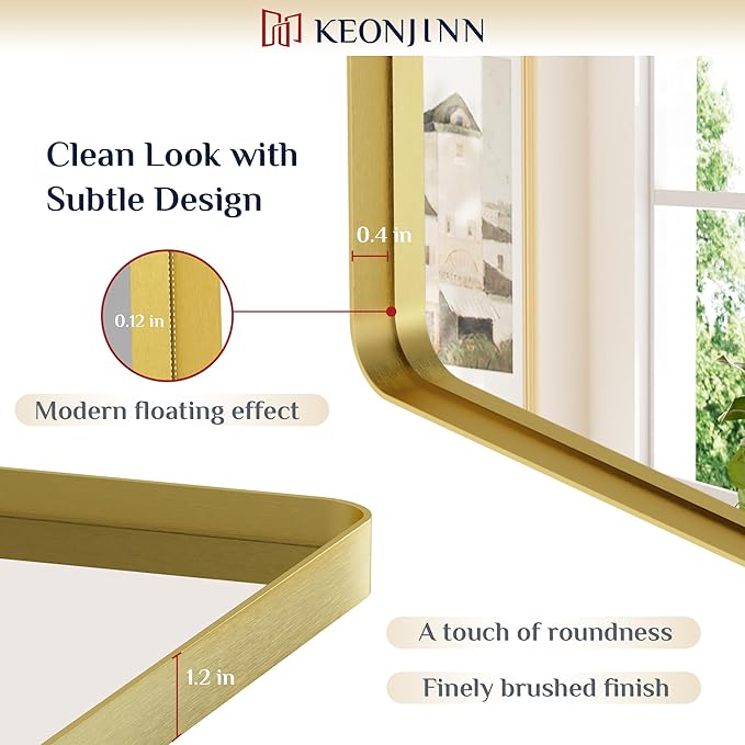 Keonjinn Gold Bathroom Mirrors for Wall 20 x 30 Inch Rounded Rectangle Gold - Image 3