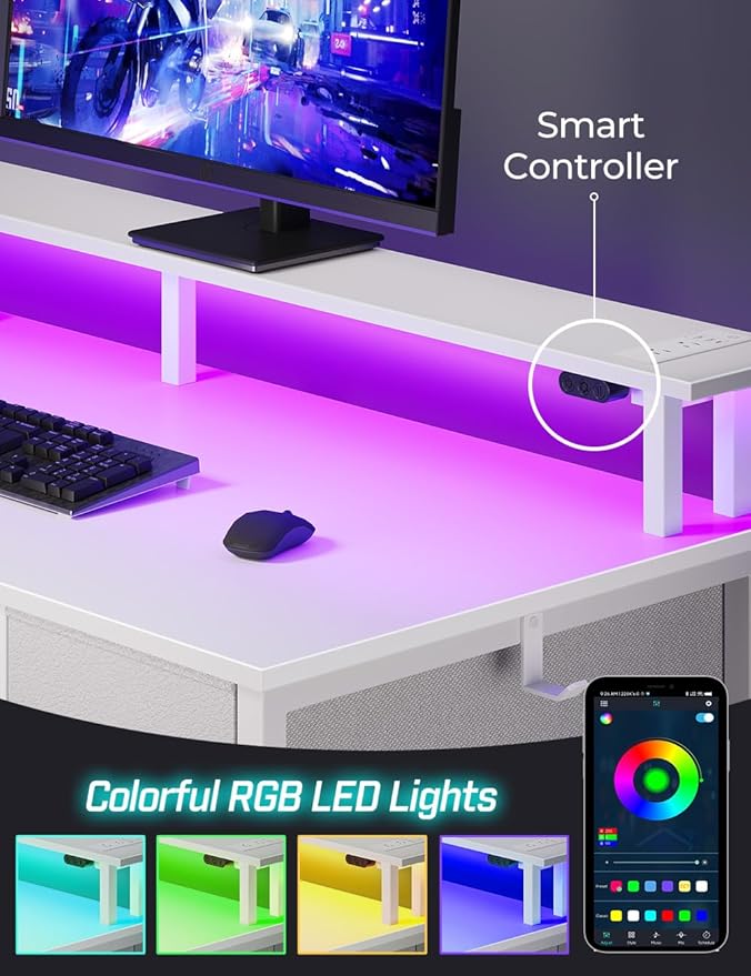 Seventable Computer Desk with Power Outlets & LED Light, 55 inch Home Office - Image 5