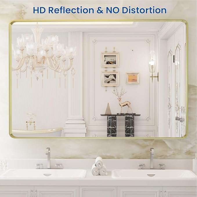 WEER Gold Bathroom Mirror, 48X32 Inch Brushed Gold Metal Frame Mirror, Rounded - Image 2