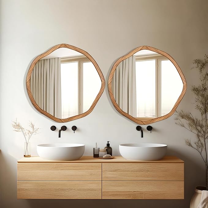 ULIKE Round Wood Mirror 24 Inch Circle Wall Mirror, Asymmetrical Bathroom - Image 4