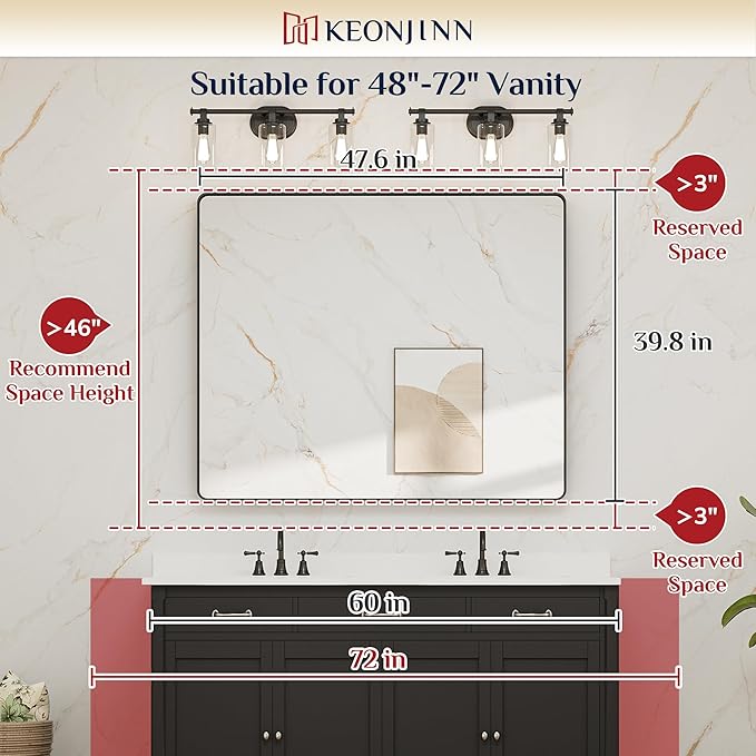 Keonjinn Black Framed Mirrors for Bathroom 48” x 40” Large Rounded Rectangle - Image 6