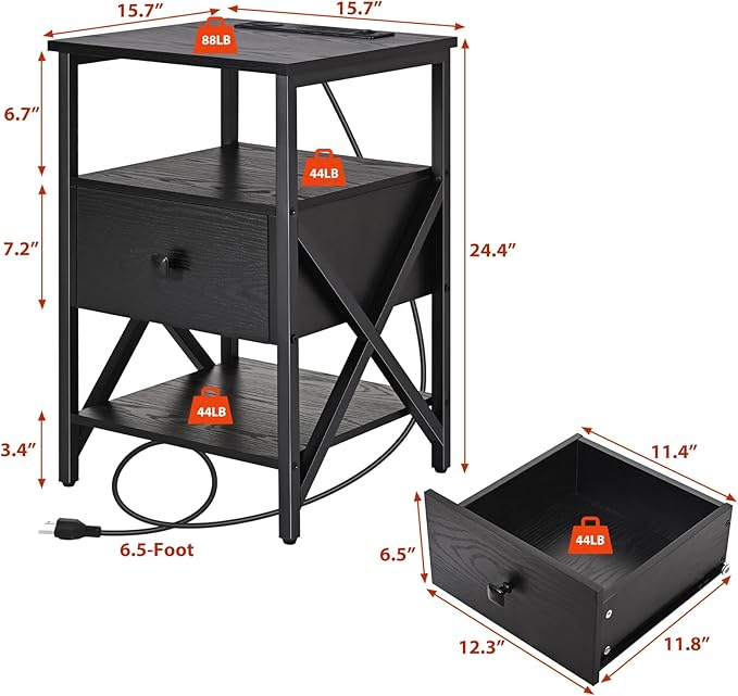 End Table with Wireless Charging Station, End Table with Wood Drawer, Night - Image 3