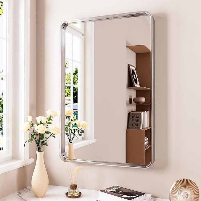 Brushed Nickel Bathroom Mirror 24x32 Inch, Brushed Silver Metal Frame Mirror by JISOSO