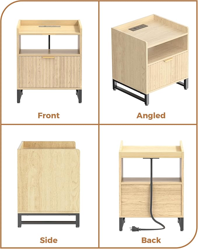 Fluted Night Stand Set 2 with Charging Station, Wood Nightstand with Large - Image 7