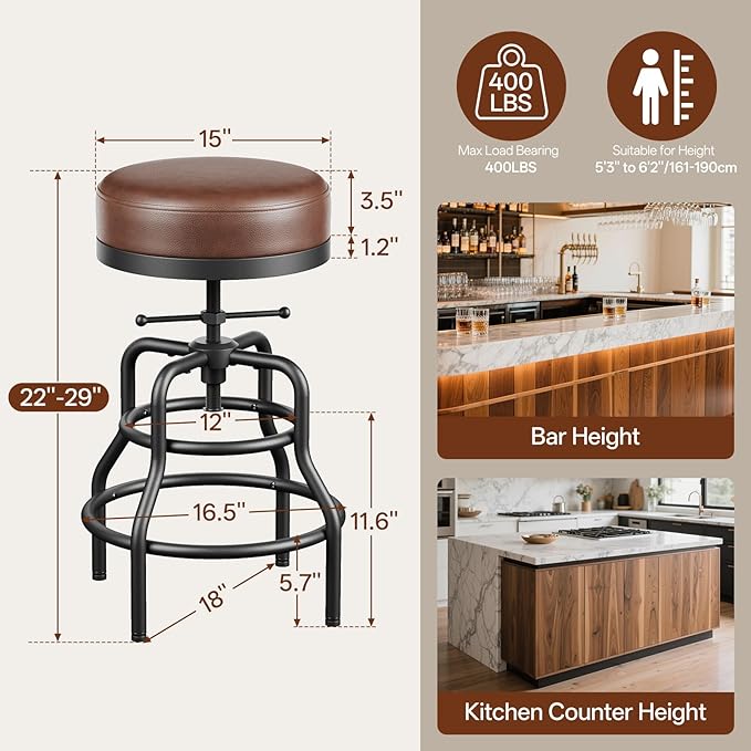 Adjustable Height Swivel Bar Stools Set of 3, 22-29 Inch Industrial Vintage Bar - Image 2