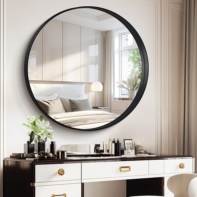 Black Round Mirror 39 inch Deep Frame Circle Mirror, Metal Frame Round Bathroom - Image 3