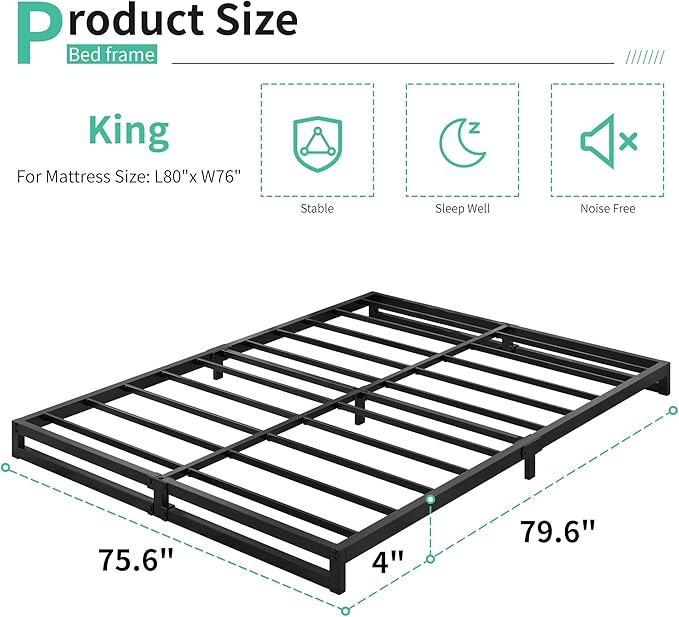 4 Inch King Size Bed Frame Sturdy Mattress Foundation, Heavy Duty Metal Platform - Image 2