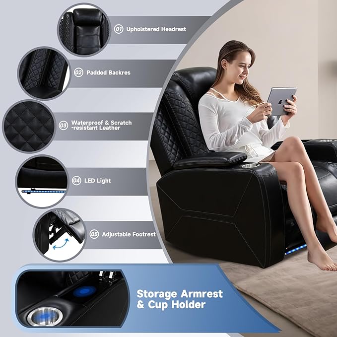 PU Leather Power Wall Hugger Chair Double Reclining Sectional Sofa 3-Seater - Image 4