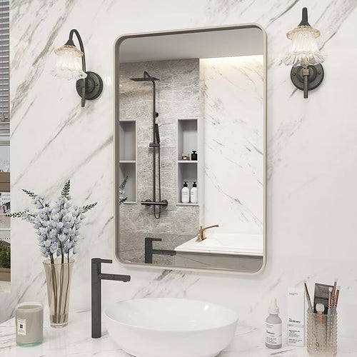 20x30 Inch Brushed Nickel Bathroom Mirror, Brushed Silver Metal Framed Wall by VANLIOBathroomMirror