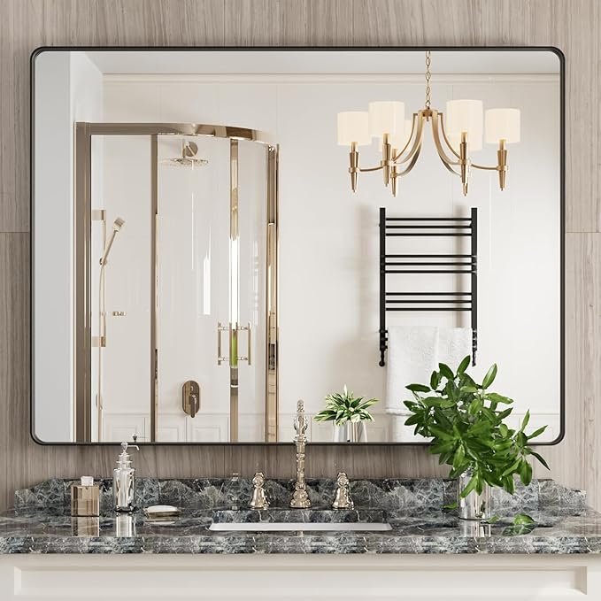 Black Bathroom Mirror 48X36 Inch, Rounded Rectangle Matte Bathroom Vanity Mirror by JISOSO
