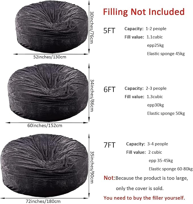 Giant Fur Bean Bag Chair Cover for Kids Adults, Living Room Furniture Big Round - Image 2