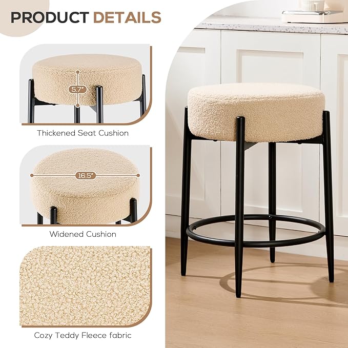 Dining Room Chairs Set of 6, 23.6" Sherpa Backless Beige Boucle Dining Chair - Image 4