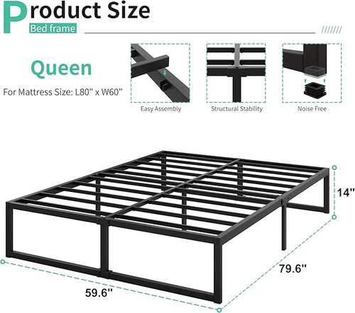 14 Inch Queen Bed Frame Heavy Duty Steel Slat Support Metal Platform Bed Frame - Image 2