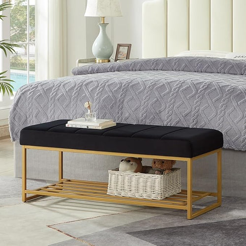 24KF Black Velvet Upholstered End of Bed Bench by WEMARTHOMEDECOR