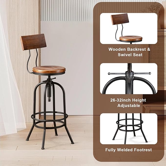 3-Piece Crank Handle Bar Table & 2 Backrests Stools Set - Image 5