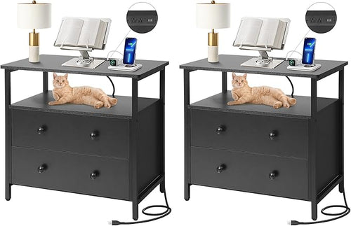 27 inch Wide Nightstand with Charging Station, Bedside Table with Open Shelf by Edbuosy