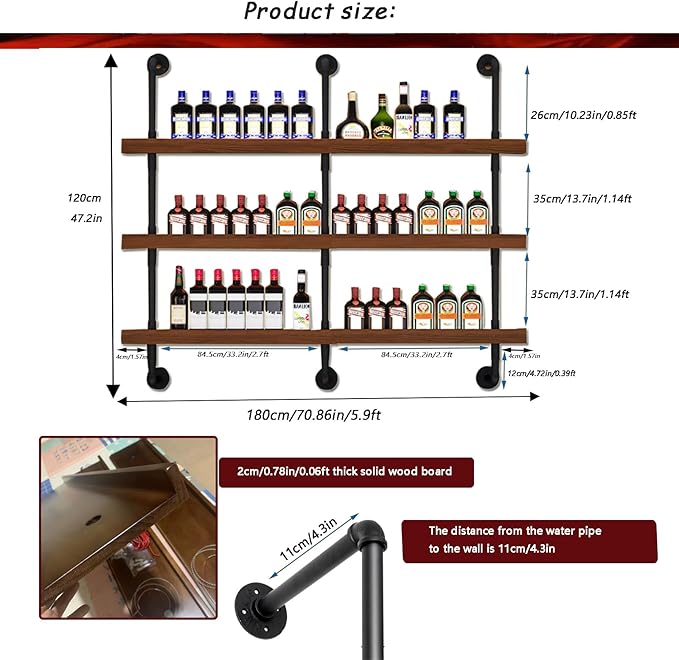 70.8in Large Wine Rack with LED Light Solid Wood Wall Mounted Wine Rack - Image 2