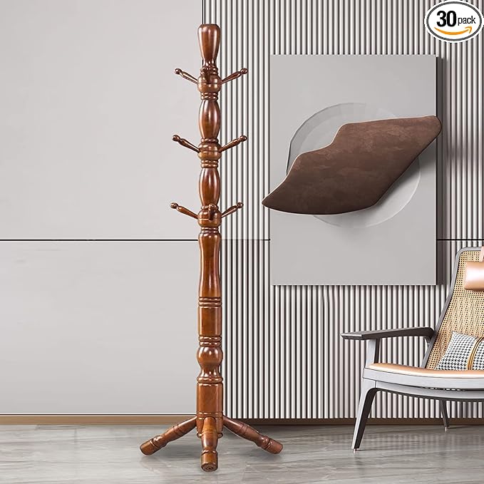 Wood Coat Rack Hall Tree, Stable Triangle Base Coat Tree by Unknown