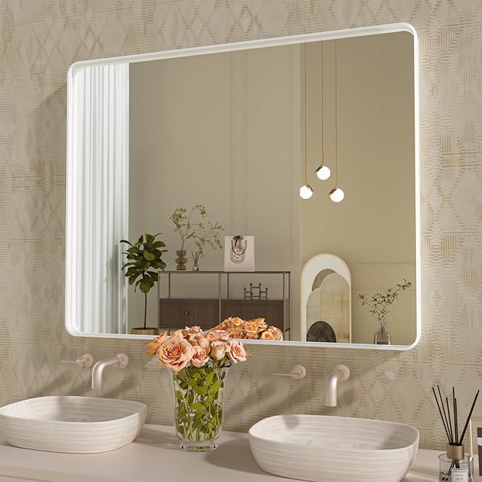 WEER White Bathroom Mirror 40X30 Inch, Rounded Rectangle White Metal Frame by WEER