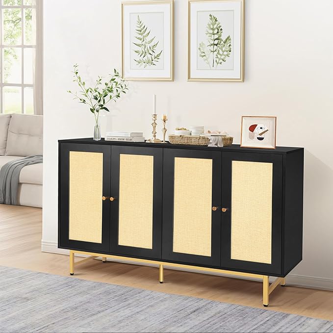 Sideboard Buffets Cabinet with 4 Rattan Doors, Large Storage Accent Cabinet - Image 2