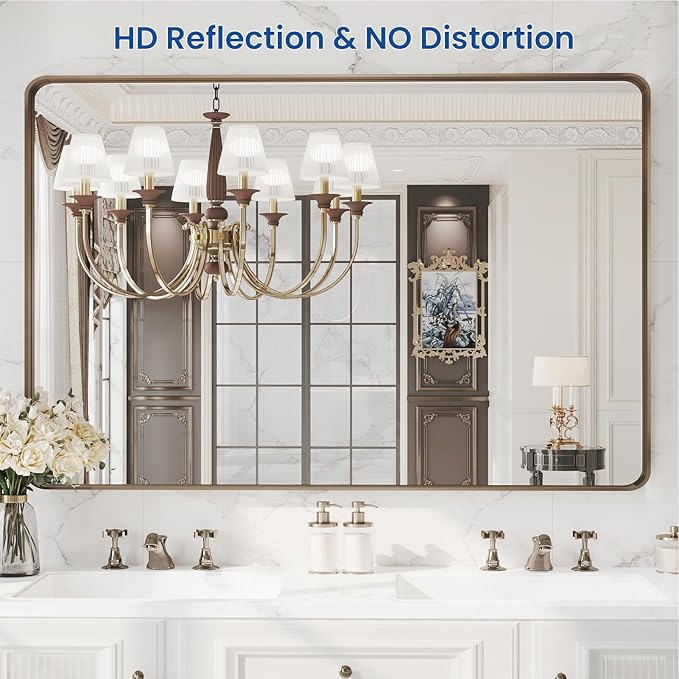 WEER Bronze Framed Modern Wall-Mounted Bathroom Mirror, Brushed Bronze Aluminum - Image 2
