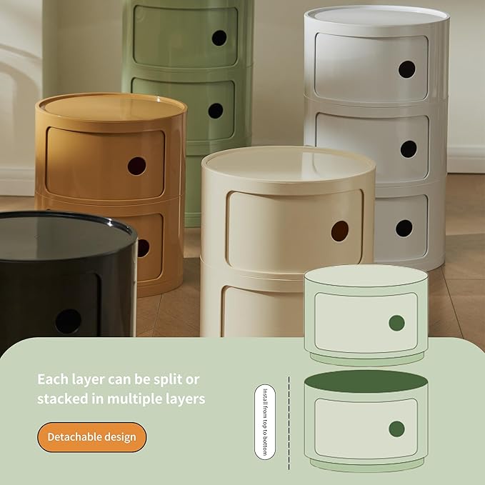 Round Nightstand with 3 Drawers, Modern Style Side Table - Image 4