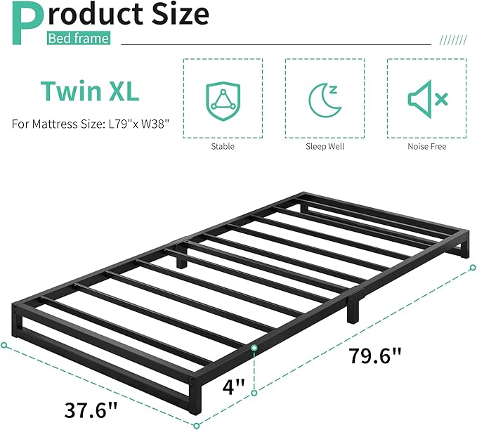 4 Inch Twin XL Bed Frames Heavy Duty Sturdy Metal Platform Bed Frame No Box - Image 2