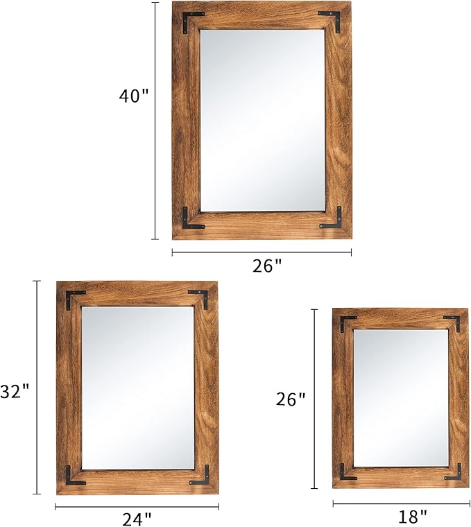 YOSHOOT Rustic Wooden Framed Wall Mirror, Natural Wood Bathroom Vanity Mirror - Image 6