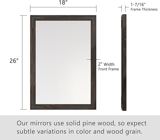 VocalStar Black Wood Framed Mirror 18 x 26 Inch, Rustic Natural Black Wooden - Image 6