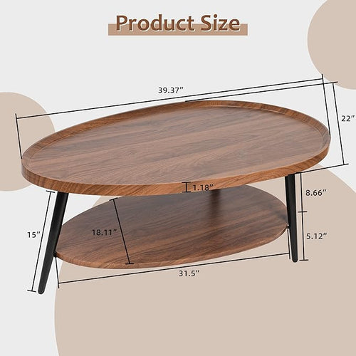 2-Tier Water-Shaped Wood Center Table Mid Century Oval Coffee Table Rustic - Image 2