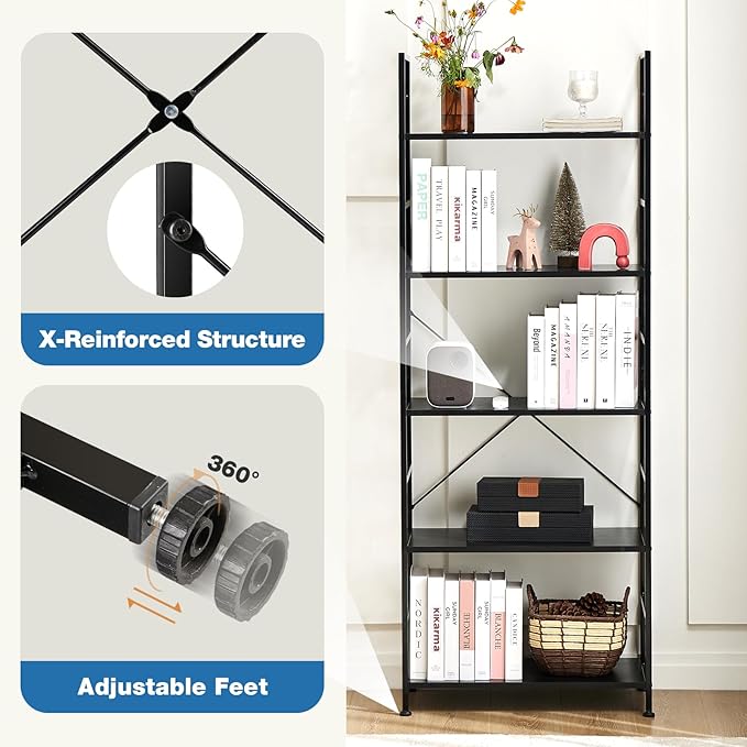 DUMOS 5 Tier Book Shelf Tall Modern Bookcase Set of 2 - Image 6