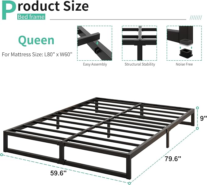9 Inch Queen Size Bed Frame Heavy Duty Steel Slat Support Metal Platform Queen - Image 2