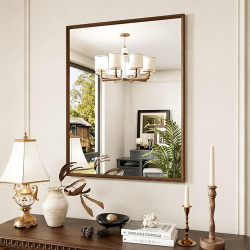 28x36 Inch Rectangle Walnut Bathroom Mirror, Anti-Rust 4MM Tempered Glass by JISOSO
