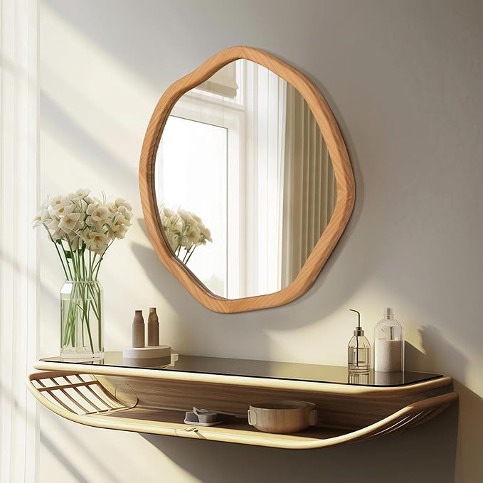 ULIKE Round Wood Mirror 24 Inch Circle Wall Mirror, Asymmetrical Bathroom - Image 3