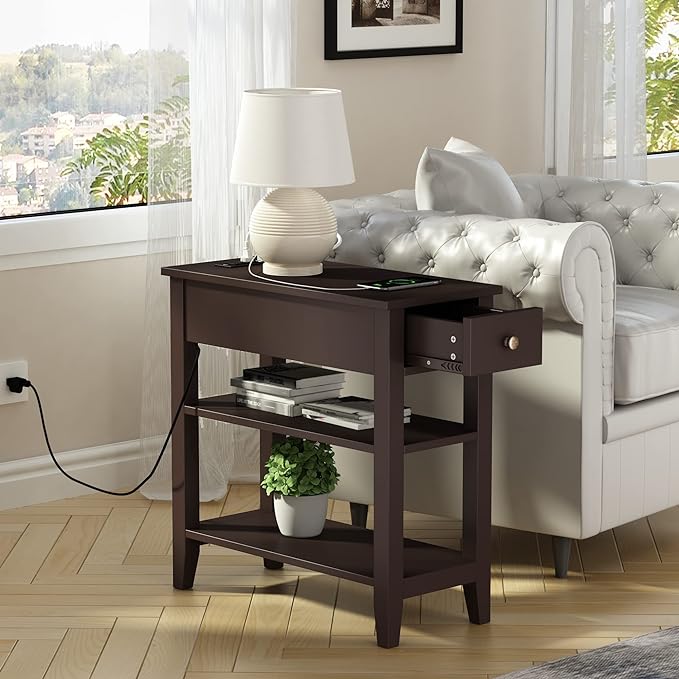 ChooChoo Narrow End Table with Charging Station, Side Table Living Room with - Image 2