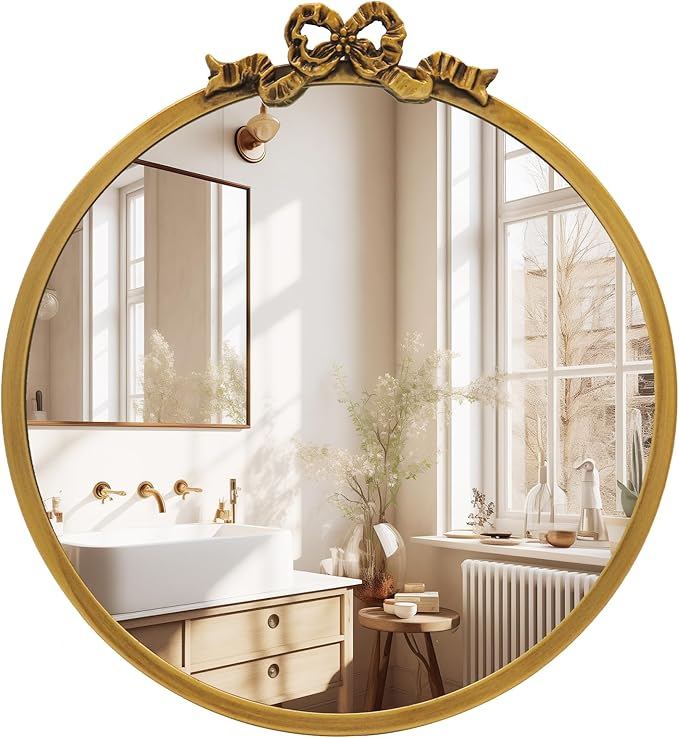 Vintage Round Mirror Antique Gold Vanity Mirrors 12inch Metal Ornate Circle by TopCity
