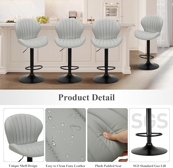 COLAMY Bar Stools Set of 6, Modern Swivel Bar Chairs, Adjustable Faux Leather - Image 5