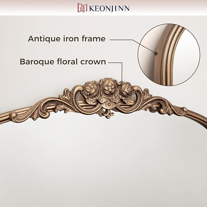 Keonjinn Arched Gold Wall Mirror, Traditional Brass Mirror, Decorative Baroque - Image 3