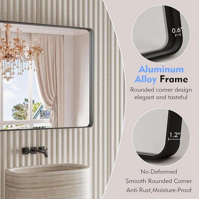 Black Bathroom Mirror 24X32 Inch, Rounded Rectangle Matte Bathroom Vanity Mirror - Image 3