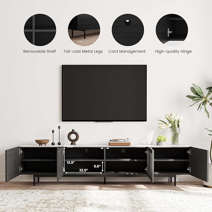 POVISON Mid Century Modern Sintered Stone TV Stand, Slatted Media Console TV - Image 3