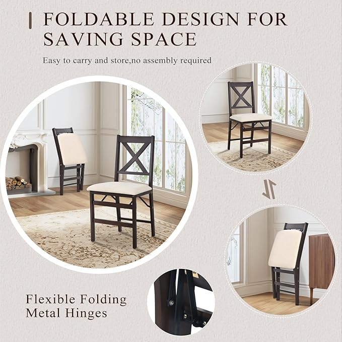 COLAMY Folding Dining Chairs Set of 4 – Beige Upholstered Wooden Dining Room - Image 3