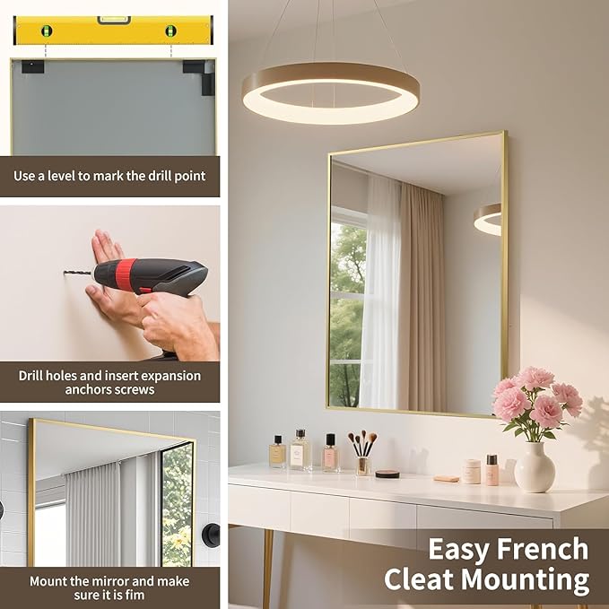 Brushed Gold Mirror, 16x20 Inch Aluminum Framed Rectangle Mirror, Tempered Glass - Image 6