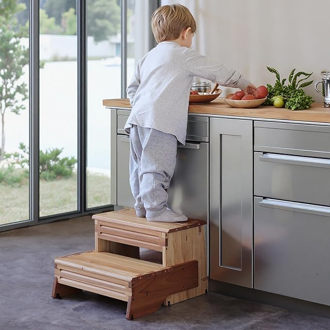 32" Wooden Two Step Stool for Adult & Kid, Deeper & Safer Bedside Steps - Image 8